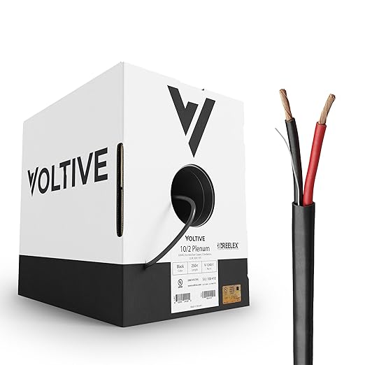 Voltive 10/2 Speaker Wire, Plenum CL3P, Black, 250ft - 10AWG, 2 Conductors, Stranded Oxygen-Free Copper, UL Listed - V-1240-1