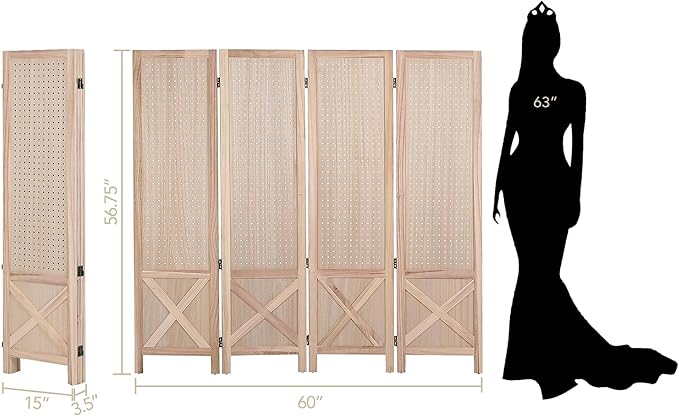 Wnutrees 4 Panel Pegboard Display, 5 Ft Wood Folding Privacy Screens Room Divider, Portable Freestanding Display Board for Craft/Art Shows, Retail, Events, Wall Organizer, Rustic Barnwood, Natural