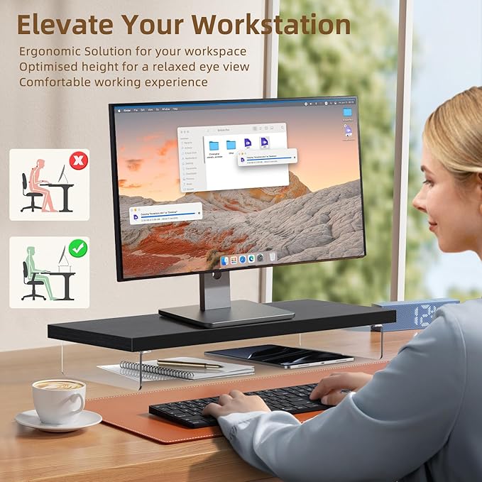 SSWOOD Dual Monitor Stand Riser, 40" Large Computer Monitor Stands for 2 Monitors, Wooden Desktop Organizer Shelf for Office Desk Computer, Laptop, TV, Monitor, Printer