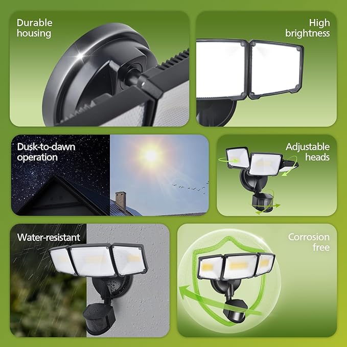 Philips 72W 7400LM LED Security Lights w/PIR Motion Sensor Outdoor, 5000K Daylight Dusk to Dawn Aluminum Flood Light, 3 Adjustable Heads, Waterproof for Garage, Yard, Porch