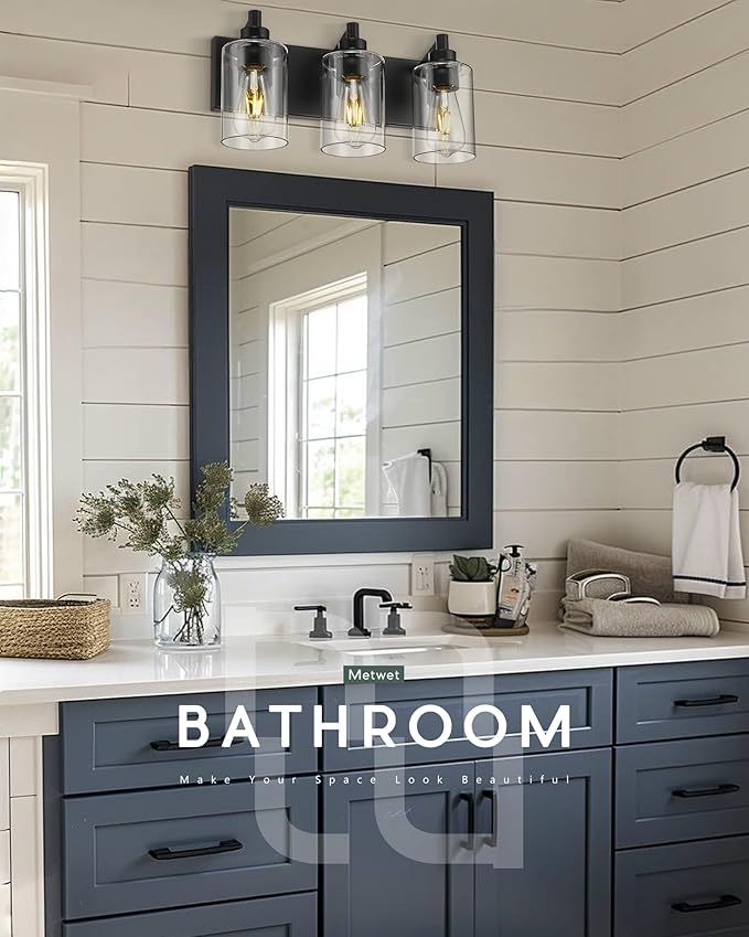 METWET 3-Light Bathroom Light Fixtures, Black Vanity Light with Cylinder Clear Glass Shade, Modern Vanity Lighting Fixtures Over Mirror, VL143-MB-3
