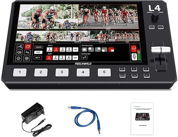 Feelworld L4 Switcher 10.1 Inch Touch Screen Multi-Camera Video Mixer Switcher,4xHDMI,SDI,Audio Input/Output,App/PTZ Control,USB3.0 Fast Streaming,Built-in Cooler,13 Transitions