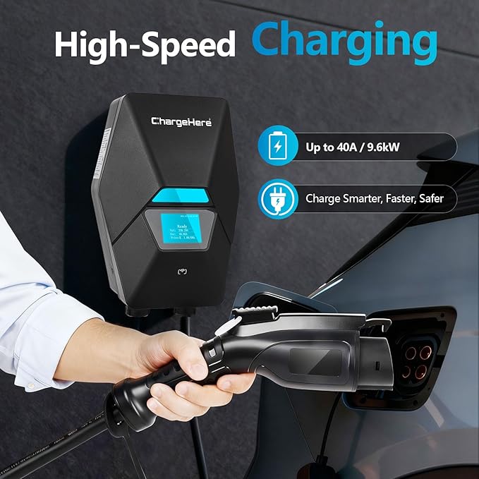 ChargeHere Level 2 EV Home Charger, 240V, 32A/40A | Real-Time Charging Speed Display + Status Light | Up to 7X Faster Charging | Indoor/Outdoor | Wi-Fi App Control | NEMA 14-50 | ETL Certified (32A)