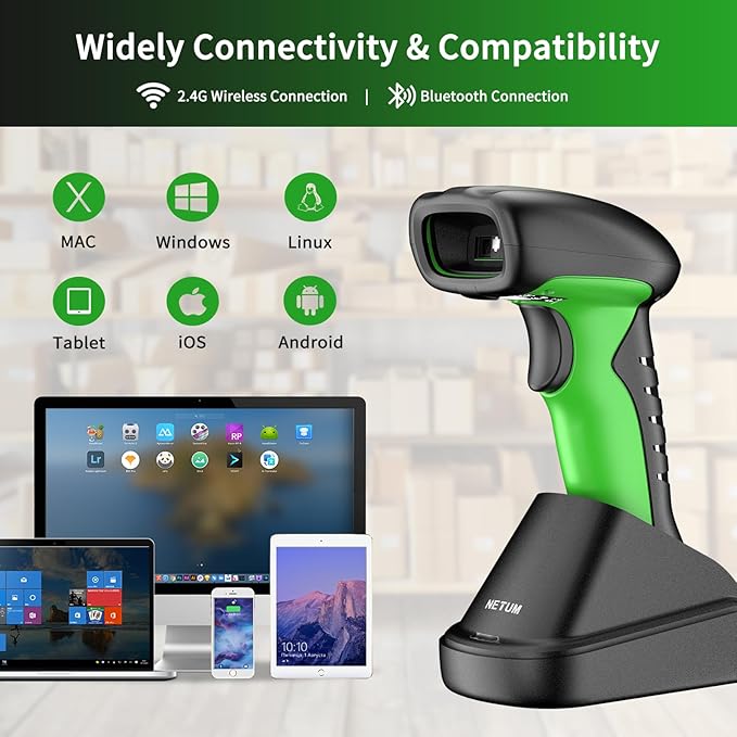 NETUM 2D QR Industrial Bluetooth Barcode Scanner with Charging Dock, Upgraded Wireless 2D/1D Bar Code Reader, 2600mAh Battery, Drop Dust WaterProof, Hands-Free for Windows, Mac, Android, iOS (RD-1950)