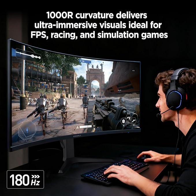 KOORUI 34-inch Curved Ultrawide WQHD 3440×1440 Gaming Monitor, 180Hz 1000R- PIP/PBP, 1ms(MPRT), HDR400, DCI-P3 95%, FreeSync Premium, 1 x DP 1.4 & 2 x HDMI 2.0, Tilt Height Swivel Adjustment, 34E6UC