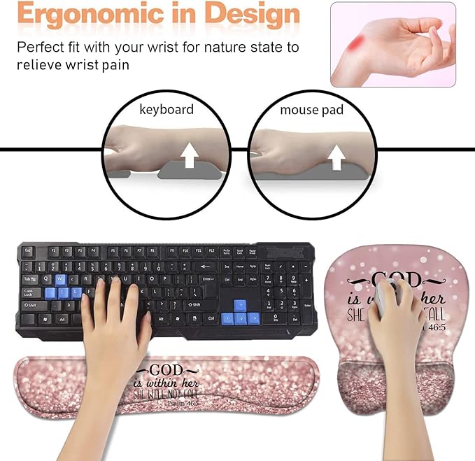 Ergonomic Mouse Pad Wrist Support and Keyboard Wrist Rest Set with Coasters, Non-Slip PU Base, Easy Typing & Pain Relief, Perfect for Home Office Working Studying, Bible Verse Psalm 46:5