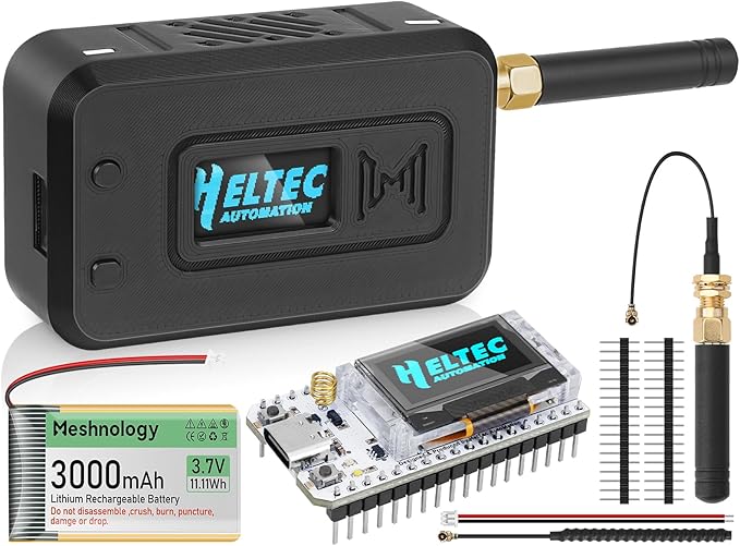 Meshnology 1 Set ESP32 LoRa V3 Module Board with 915 MHz Antenna + 3000mAh Battery + Protect Case - WiFi Blue Tooth SX1262 CP 2102 0.96” OLED Display Type C for Ar duino Meshtastic IOT (N35, Black)