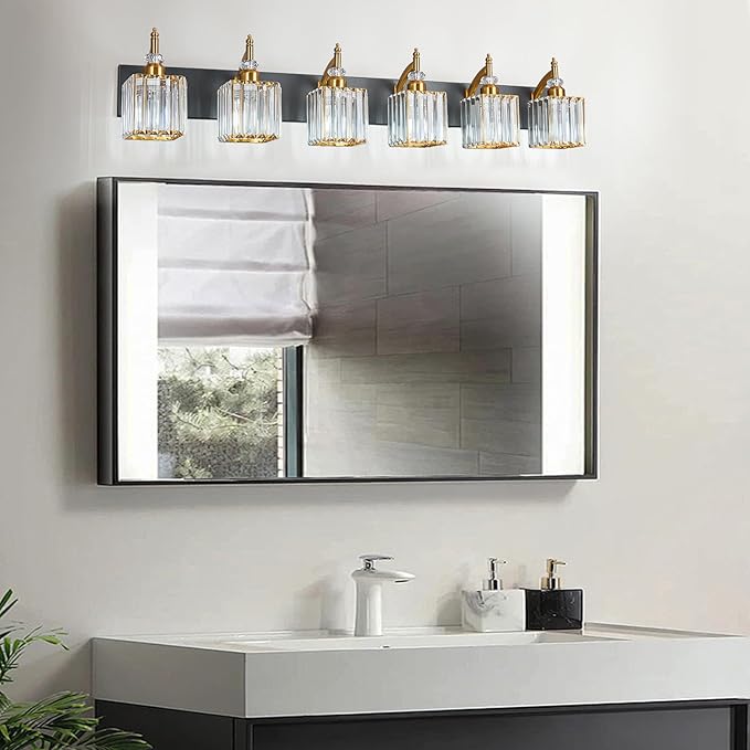 BBLLWJ Modern Black Gold 6 Light Bathroom Vanity Light Crystal Bathroom Light Fixtures Over Mirror