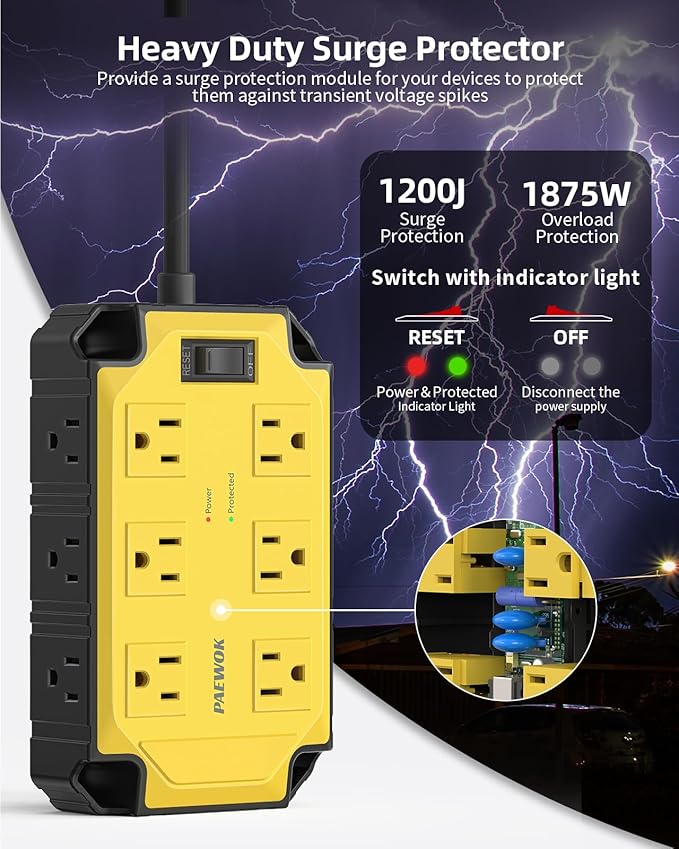 Heavy Duty Power Strip15 Amps/1200 Joules, 12 Outlets Industrial Magnetic Surge Protector, 6.5 FT Extension Cord for Industrial Shop Garage (Yellow)