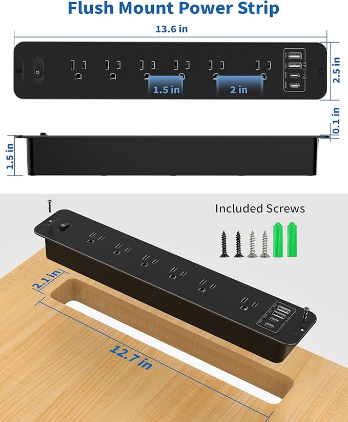 Inhwatek Recessed Power Strip with 20W USB C Port, Flush Mount Power Strip Surge Protector, 6Ft Flat Plug Extension Cord, Space-Saver Recessed Outlet for Furniture Side Table
