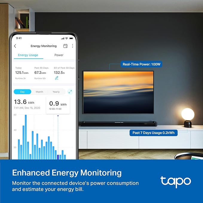TP-Link Tapo Smart Plug P210M, Wi-Fi in-Wall Outlet, Matter Compatible, Energy Monitoring, 15A/1800W Max, Works with Alexa, Apple Home, Google Home, SmartThings, Voice/Remote Control, ETL Certified