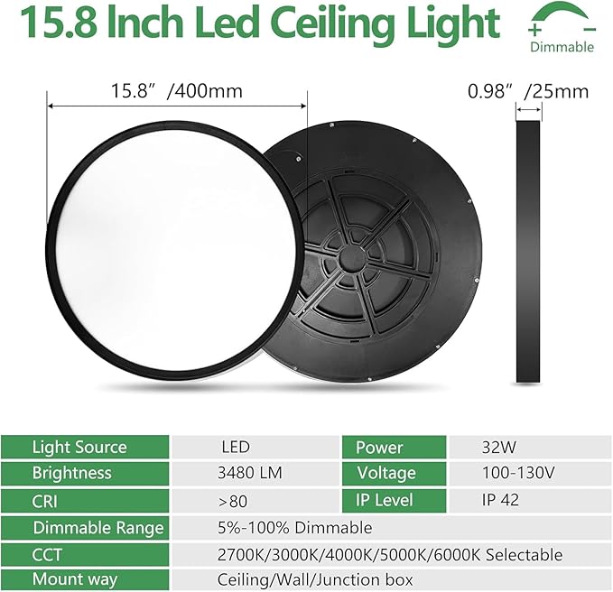 6PK 15.8 Inch Dimmable LED Flush Mount Ceiling Light, 32W, 3480LM, 2700K/3000K/4000K/5000K/6000K, Round Flat Panel Low Profile Ceiling Light Fitures for Hallway, Kitchen, Bedroom, Black