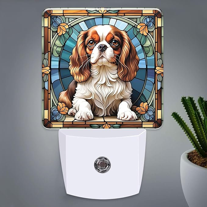 PODMemory Cavalier King Charles Spaniel Stained Glass Night Lights Plug into Wall for Room, Cavalier King Charles Spaniel Night Light LED for Bedroom