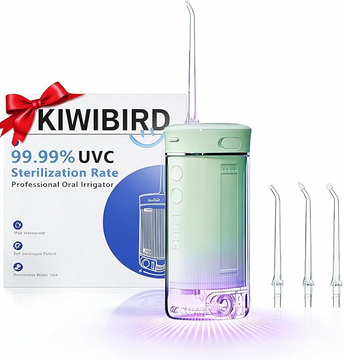 KIWIBIRD Mini Water Flosser for Travel, Ultra-Portable Cordless Oral Irrigator with UVC Light, IPX8 Waterproof 3 Modes, 230mL Teeth Cleaner for Tonsil Stones & Braces Care - Home & Travel (Green)
