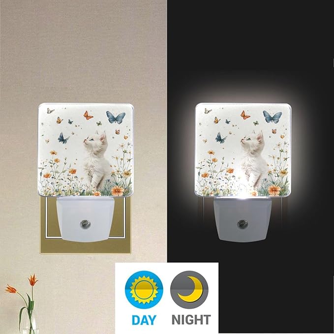Pigsaly Led Night Light Butterfly Watercolor White Cat Night Light Plug in Wall Lamp Smart Dusk to Dawn Sensor Nightlight Led Lamp Energy Saving Lights Gift for Kids Room Bedroom Bathroom Hallway