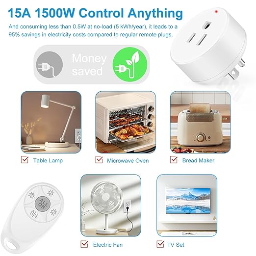 Remote Control Outlet,Greencycle Remote Light Switch and 2 Plugs,Wireless Light Switch,500ft Range,No Wiring Needed,15A/1500W for Household Appliances,FCC Certified,White