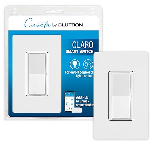 Lutron Claro Smart Light Switch w/ Wall Plate for Caseta Lighting, for LED Lights, Fans, 5 Amp, Single-Pole/3-Way, Neutral Required, DVRFW-5NS-WH-A, White