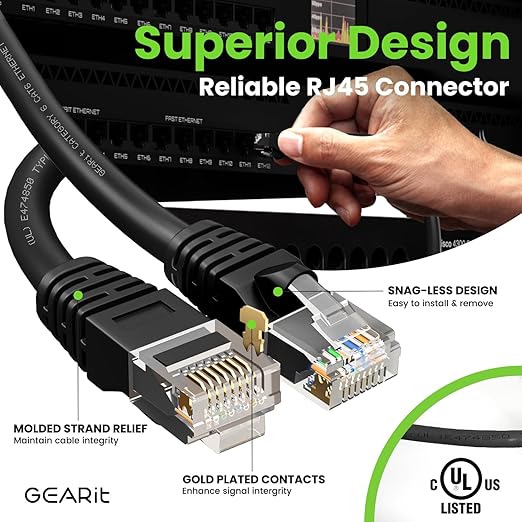 GEARit Cat 6 Ethernet Cable Pack - 20-Pack 7 ft Cat6 Ethernet Patch Cables | RJ45 Network Patch Cable, 10 Gbps Snagless Gold-Plated Connectors - Ethernet Cable Cat 6 for PC, TV, Router - Black