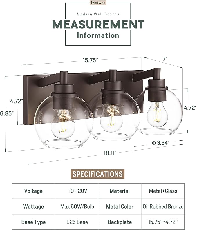METWET Bathroom Light Fixtures Over Mirror, 3-Light Oil Rubbed Bronze Vanity Light with Clear Glass Globe Shade, Modern Sconces Wall Lighting, Bathroom Wall Lights for Bedroom Hallway, VL195-ORB-3