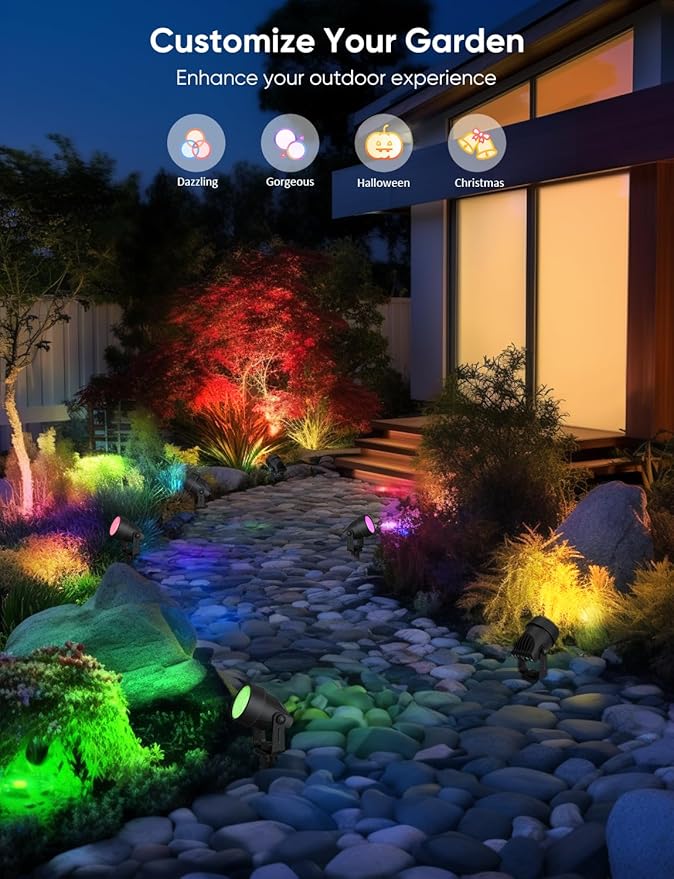 APPECK Landscape Lighting, RGBW Color Changing Low Voltage Landscape Lights with APP Control, IP65 Waterproof Outdoor Spotlights for Garden Yard Outside Decoration, 4 Pack