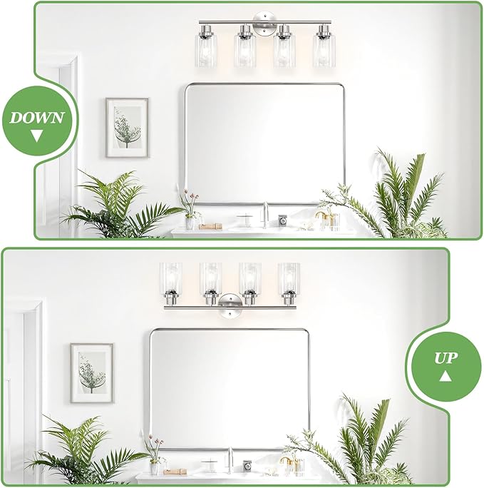 Guliaofo 4-Light Nickel Bathroom Light Fixtures, E26 Modern Vanity Lights for Bathroom with Clear Glass Shade, Wall Lamps for Mirror Hallway Kitchen Cabinet Living Room Sconces Lights