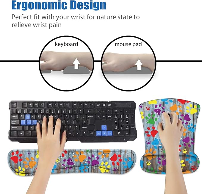 Ergonomic Mouse Pad Wrist Support and Keyboard Wrist Rest Set with Coasters, Non-Slip PU Base, Easy Typing & Relieve Wrist Pain for Home Office Working Studying, Rustic Wooden Board Colorful Paw Print