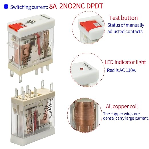 UL Listed 12Pcs 8Amp Mini Relay Switch DPDT with Test Button 110V-120V AC 2NO 2NC 5Pin Socket Base with Indicator Light