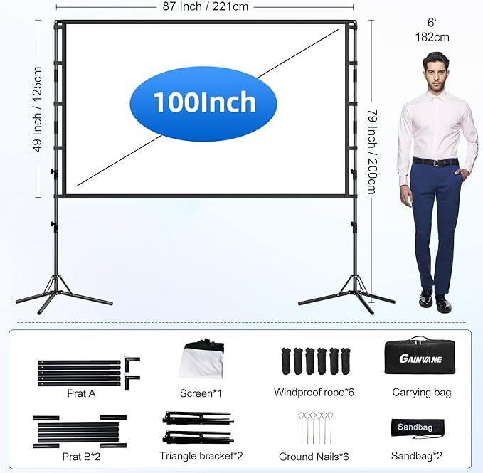100-Inch Portable Projector Screen with Stand - Indoor Outdoor Movie Screen for Home Theater, Backyard & Classrooms 16:9 4K HD Lightweight Projection Screen Includes Carry Bag for Travel & Camping