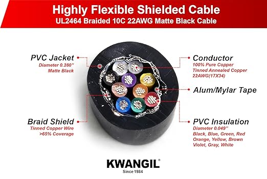 KWANGIL 12C 24AWG AMSB Shielded Cable Wire (UL2464) - Highly Flexible Str TC, PVC Ins, OS+TC BRD, PVC JKT for CNC Machine, Stepper Motor, VFD Spindle (Matte Black 25FT)