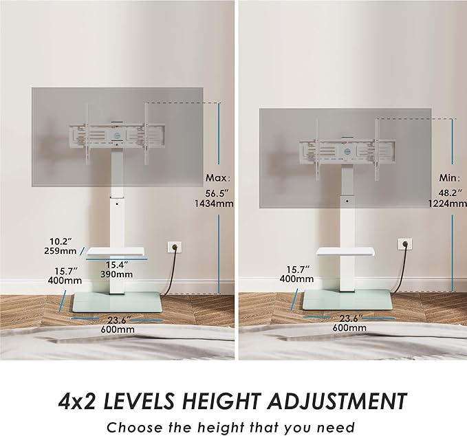 FITUEYES Floor TV Stand for 32-75 inch TV with Power Outlet, Tall TV Stand for Bedroom Living Room with Tempered Glass Base, Floor TV Mount Holds Up to 88lbs MAX VESA 600x400mm,White