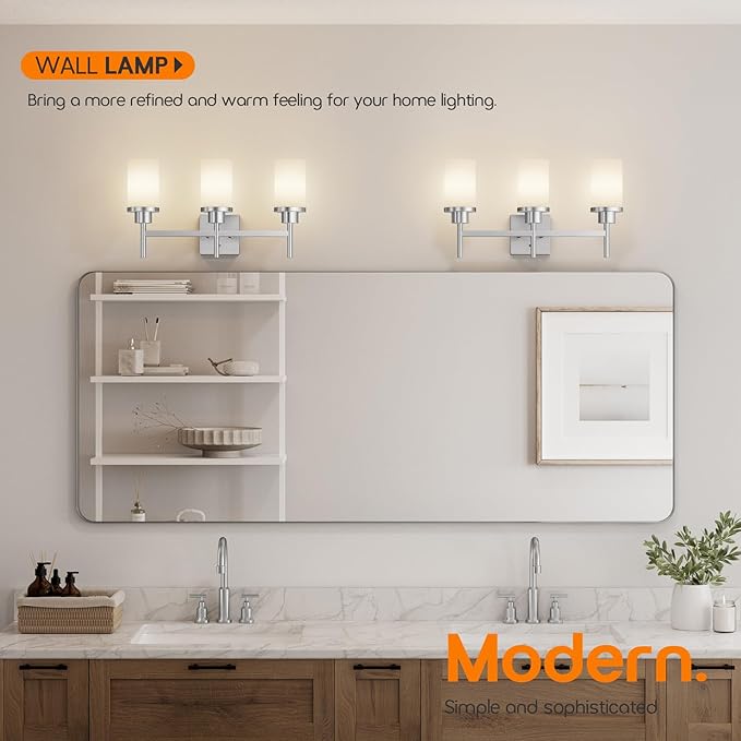 AONEON Bathrom Light Fixtures Brushed Nickel 3-Light with White Frosted Glass Shade, Modern Wall Lamps Over Mirror for Bath Washroom Living Room T001BR-L3