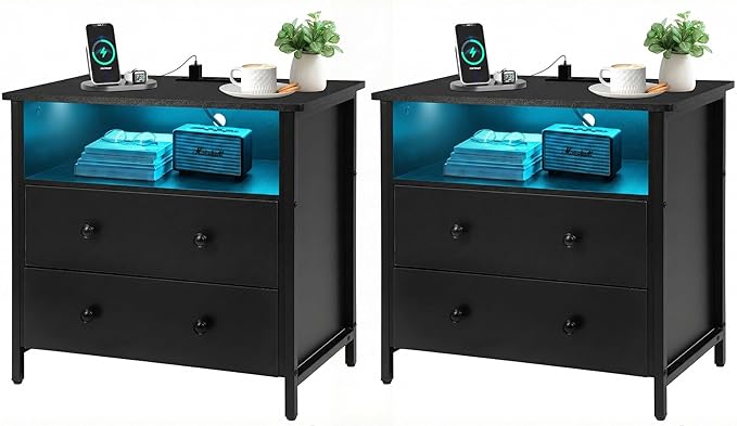 Tykacna 27 Inch Wide Night Stand, Large Wood Night Stand Set 2 with 2 Drawers, LED Nightstand with Charging Station and Adjustable Drawer, Bedside Table for Living Room/Bedroom/Study/Office, Black.