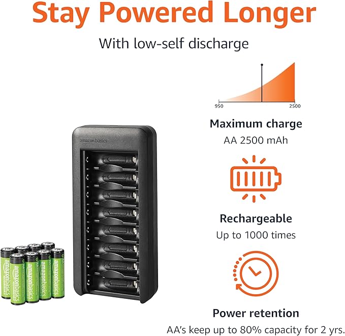 Amazon Basics Rechargeable AA NiMh Batteries with 8-Bay Battery Charger, USB-C Port, No AC Power Adapter, 8 Count (Pack of 1), Black