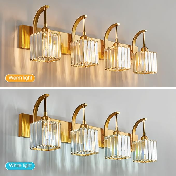 FDPBY Crystal Vanity Lights 4-Light Gold Bathroom Vanity Lights Modern Crystal Bathroom Light Fixtures Over Mirror 32.67" Long Vanity Light for Bathroom