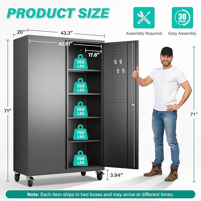 SISESOL Wide & Deep Metal Storage Cabinet with Wheels,Tall Rolling Garage Storage Cabinet with Lock,Black Metal Cabinets with Pegboards and Shelves,Tool Locker for Garage,Home,Office,43''Wx 20''Dx71"H