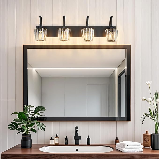 FDPBY Modern Bathroom Vanity Light, 4-Light Black Wall Sconce with Crystal Accents, Over Mirror Bathroom Lighting Fixture, 32.67" Long Dimmable Vanity Lamp for Makeup, Easy Installation