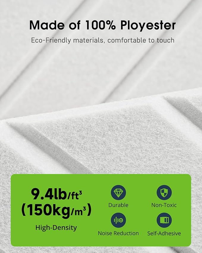 Woovio Sound Proof Foam Panels for Walls, 18 Pack Self-Adhesive Acoustic Panels, 12" X 12" X 0.4" Soundproof Wall Panels for Door, Ceiling, Home Office White