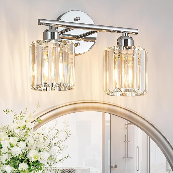 FDPBY Modern 2 Light Crystal Vanity Light, Chrome Vertical Bathroom Light Fixture Over Mirror for Dressing Table Sink, Compatible with Dimmable Bulbs (Bulbs Not Included)