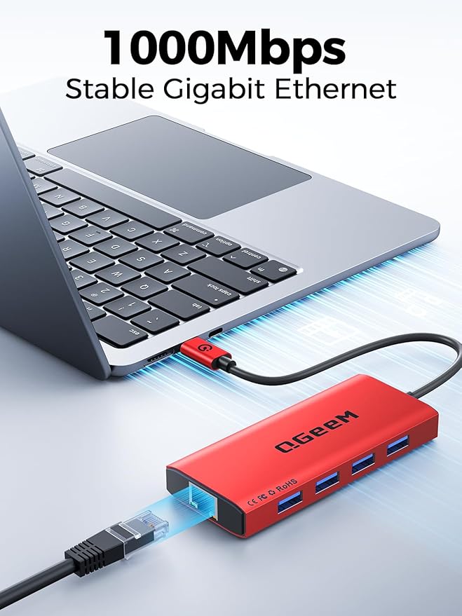 QGeeM USB C Hub Ethernet,9 in 1 USB Type C Hub HDMI Multi-Port Converter Adapter,100W Pd, USB 3.0,SD/TF Card Reader,Compatible for MacBook Pro Air Ipad HP Dell Lenovo Chromebook etc.-Red