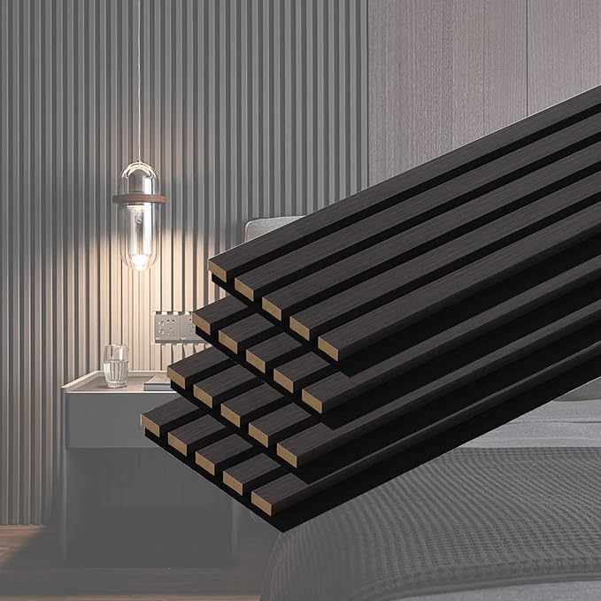 QDYMXUN Wood Slat Acoustic Wall Panels, 4-Pack 94.5'' x 7.9'' 3D Fluted Sound Absorbing Paneling for Interior Accent Wall Decor, Living Room (Matte Black)