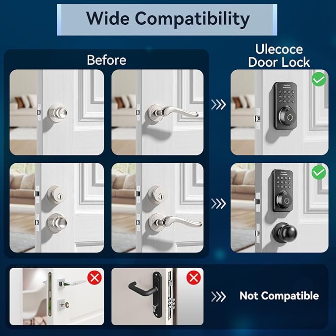 Ulecoce Fingerprint Keypad Deadbolt with Handle Set, Keyless Entry Door Lock, Door Locks for Front Door Lock Set, App Control, Auto Locking, Easy to Install, Matte Black