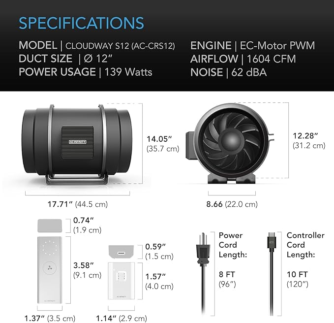 AC Infinity CLOUDWAY Whole House EC Fan S12, 1600 CFM with Remote 10-Speed Wireless Fan Controller, 12” Ceiling Mount House Attic Vent, Exhaust Home Ventilation System