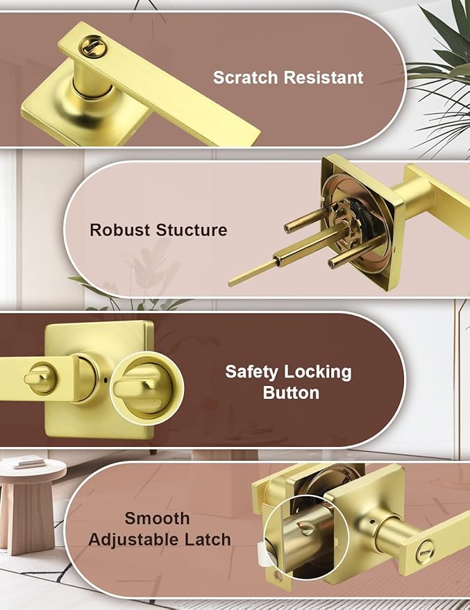 Mengico 5 Pack Gold Privacy Lever Door Handle Interior with Lock, Heavy Duty Square Door Lock for Bed/Bath, Keyless Door Locksets, Reversible for Left Right Handed Doors