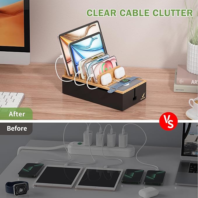 Pezin & Hulin Cable Management Box, Docking Station for Multi Devices, with 5 Ports Charge Adapter and 6 Cables, Wire Organizer for Cords, Box to Hide Cords and Storage Power Strip -Natural + Black