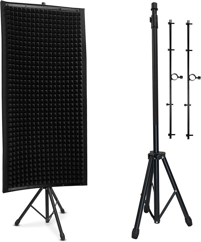Pyle Microphone Isolation Panel with Height Adjustable Tripod Stand - High Density 2" Thick Foam Sound Dampening Wall - Foldable & Portable Mic Shield for Podcasts, Singing, Recording, Broadcasting