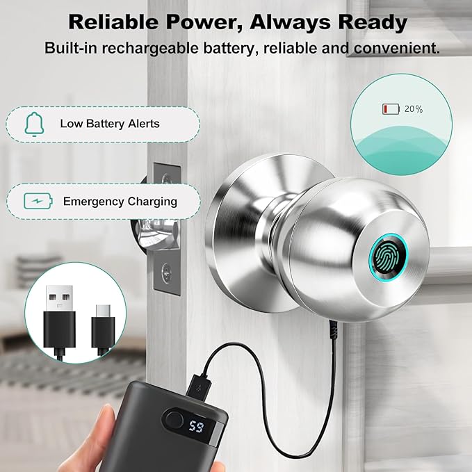 UMIK UMIKSMART Fingerprint Door Lock, Smart Door Knob, Keyless Entry Door Lock with App Control, Thumbprint Door Knob with Backup Key, Suitable for Home, Bedroom, Apartments, Garage, Office - Sliver