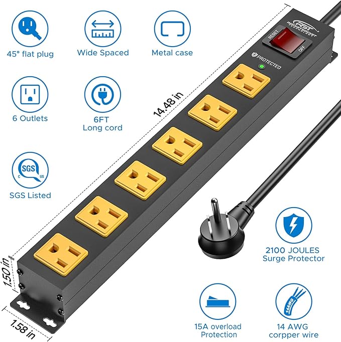 CRST 6 Outlet Surge Protector Power Strip 2100J with Switch, 15A/1875W Metal Heavy Duty Power Strip, Wide Spaced Wall Mount Power Bar for Garage Workshop Home School, 6 FT Cord（ Black+Yellow）