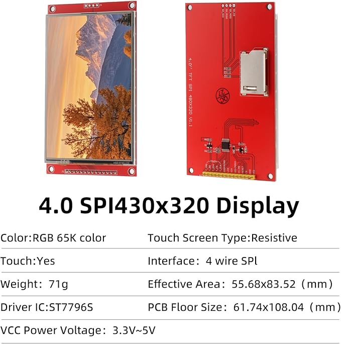 MELIFE 4.0" TFT Touch Screen, 480x320 LCD Display Module SPI ST7796S Driver for Arduino R3/Mega2560, with PCB 5V/3.3V STM32 & Touch Pen