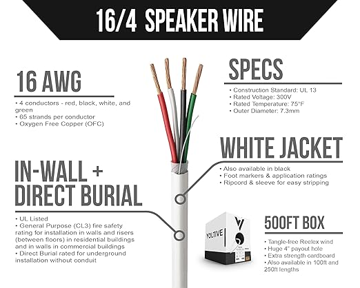 Voltive 16/4 Speaker Wire, in-Wall CL3 & Direct Burial, White, 500ft - 16AWG, 4 Conductors, Stranded Oxygen-Free Copper, UL Listed - V-1211-6