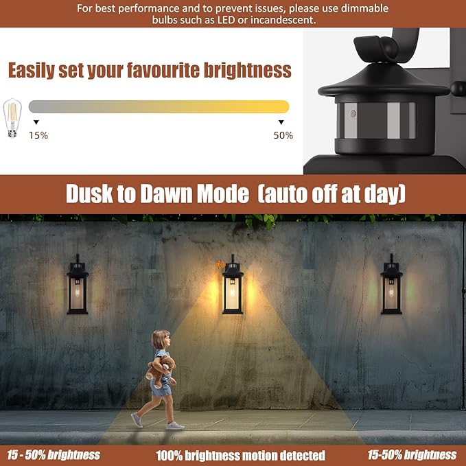Roravilila 18 Inch Motion Sensor Outdoor Lights 2-Pack, Large Black Dusk to Dawn Outdoor Porch Lights for House IP65 Waterproof Exterior Lighting Fixtures for Front Door Garage Lantern Sconces